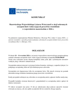 Akcja szczepienia lisów przeciwko wściekliźnie w Mazowieckiem w dniach 10-16 września 2026 r.
