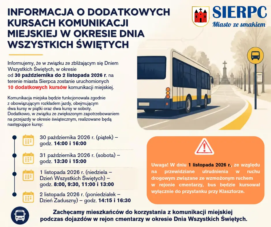 Dodatkowe kursy autobusów miejskich w Sierpcu z okazji Dnia Wszystkich Świętych