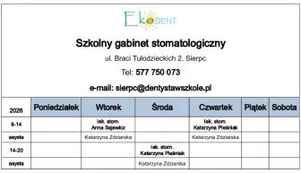 Harmonogram pracy gabinetu stomatologicznego w Szkole Podstawowej nr 2 w Sierpcu